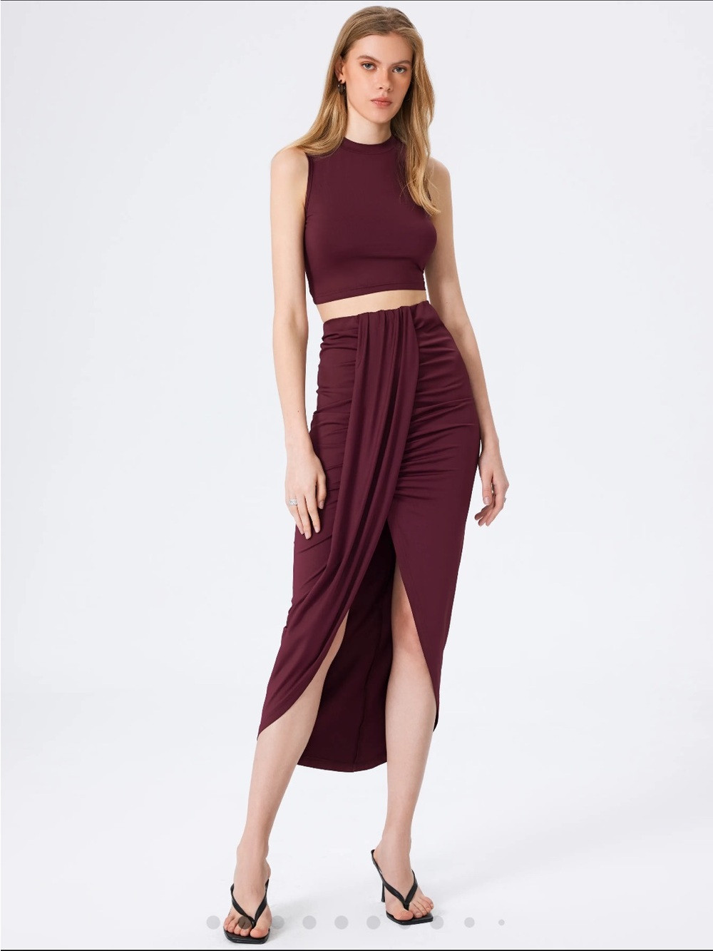 Cider Burgundy Ruched Wrap Maxi Skirt